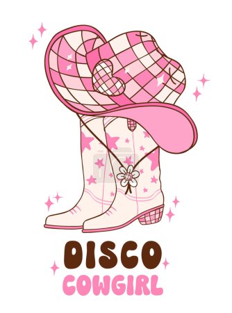 Pink Disco Cowgirl boots and hat illustration, trendy retro groovy vibes disco era.