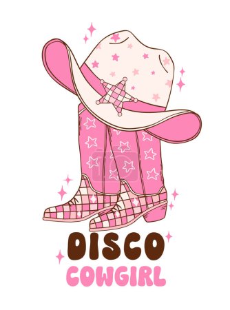 Rosa Disco Cowgirl Stiefel und Hut Illustration, trendige Retro groovy Vibes Disco Ära.