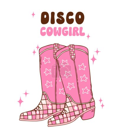 Rosa Disco Cowgirl Stiefel Illustration, trendige Retro groovy Vibes Disco Ära.