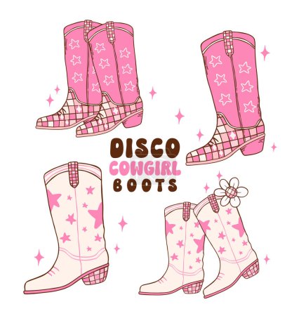 Set Disco Cowgirl Stiefel Doodle Hand Zeichnung Illustration, trendige Retro groovy vibes Disco-Ära.
