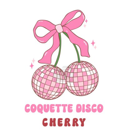 Coquette Disco ball cherry pink with ribbon bow illustration, trendy groovy vibes disco era.