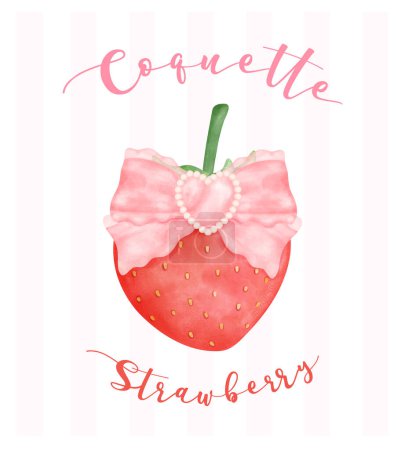 Coquette Strawberry with pink bow, aesthetic watercolor hand drawing
