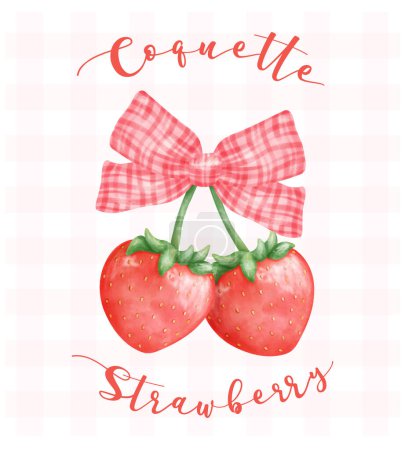 Coquette Strawberries with red ribbon bow, aesthetic watercolor hand drawing