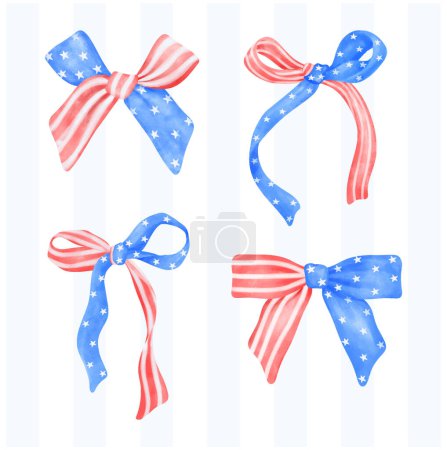 Illustration for Set of Coquette 4th of July stars and stripes ribbon Bows Watercolor vector illustration. - Royalty Free Image