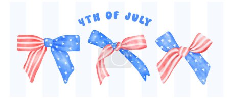 Illustration for Sset of 4th of July Coquette stars and stripes ribbon Bows Watercolor vector illustration. - Royalty Free Image