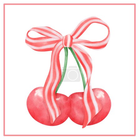 Illustration for Coquette Cherry with Red Ribbon Bow. Festive 4th of July Watercolor - Royalty Free Image