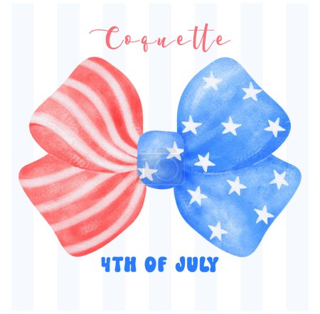 Illustration for Coquette 4th of July, Stars and Stripes Ribbon Bow Watercolor Art - Royalty Free Image