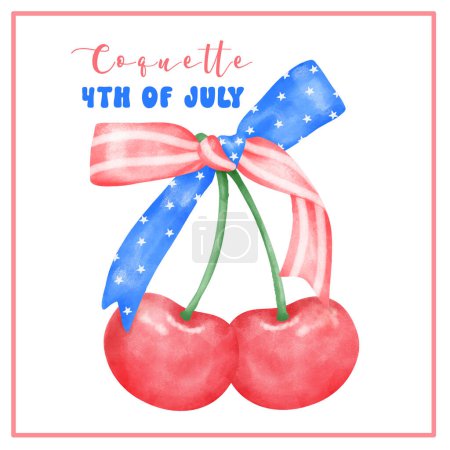 Illustration for Coquette 4th of July Cherry with stars and stripes ribbon Bow Watercolor. - Royalty Free Image