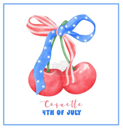 Illustration for Coquette 4th of July Cherry with stars and stripes ribbon Bow Watercolor. - Royalty Free Image