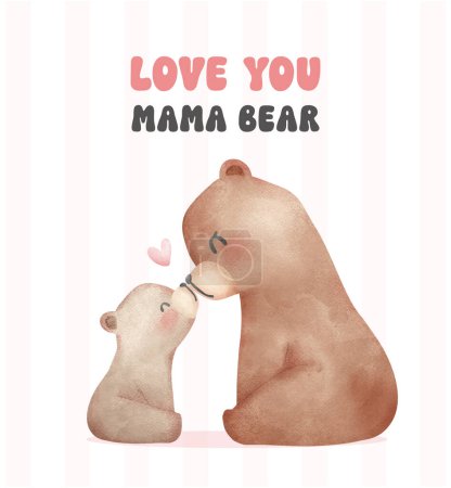 Madre cariñosa día oso mamá y bebé cachorro nariz a nariz Adorable acuarela ilustración.