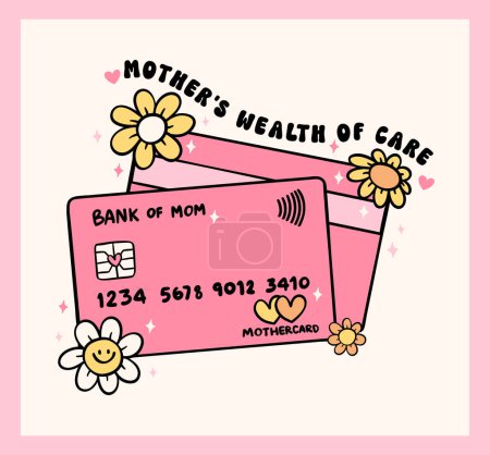 Retro groovy Día de la madre Banco de mamá tarjeta de crédito Doodle Dibujo Vibrante Pastel Color para tarjeta de felicitación y etiqueta engomada, camiseta Sublimación.