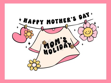 Retro Groovy Mothers Day card mamá vacaciones divertido Doodle Dibujo Vibrante Pastel Color para la tarjeta de felicitación sarcástica divertida y etiqueta engomada, camiseta sublimación.