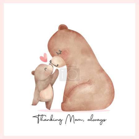 Heartwarming Mothers Day Bear Mom and Baby Cub showing love hand Adorable watercolor illustration.