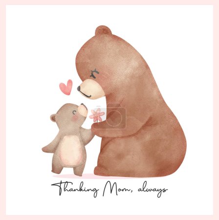 Fête des Mères Réconfortante Ours Maman et bébé ourson montrant l'amour Adorable aquarelle illustration.