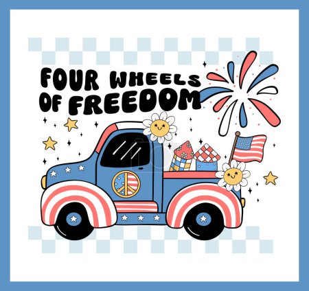 Groovy 4. Juli Truck mit Feuerwerk Cartoon Trendy Doodle Idee für Shirt Sublimation, Grußkarte