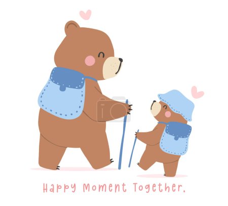 Fathers day bear happy dad and baby do hiking together Heartwarming Cartoon Illustration