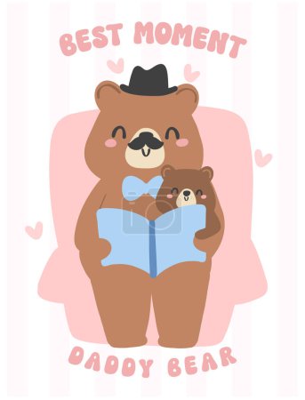 Fathers day bear, children bear reading book with daddy on cozy sofa Heartwarming Cartoon Illustration