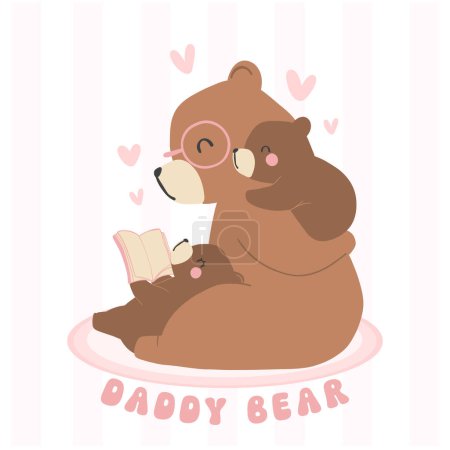 Fathers day bear, children bear reading book with daddy Heartwarming Cartoon Illustration