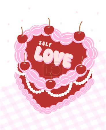 Coquette Retro Self Love Cake Illustration Diseño de Coquette Groovy con cereza y lazo.