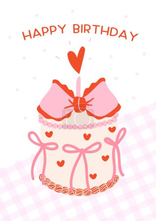 Retro Birthday Cake Illustration Diseño de Coqueta Groovy con Pink Bows, Feliz idea de tarjeta de cumpleaños.