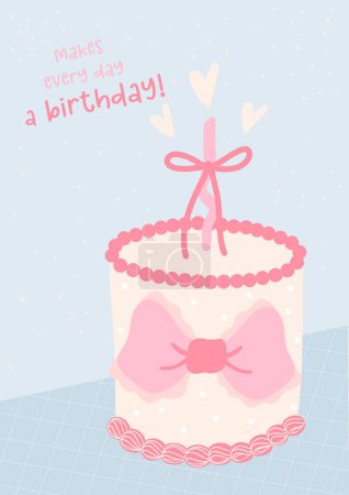 Retro Birthday Cake Illustration Groovy Coquette Design with Pink Bows, Happy birthday card idea.