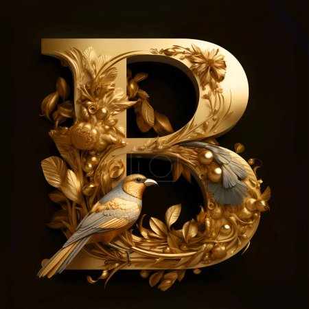 Foto de "B" dorada con pájaro sobre fondo negro - Imagen libre de derechos