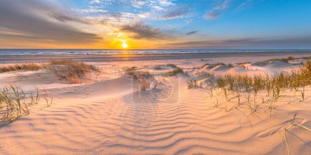 Téléchargez les photos : Plage et dunes Paysage littoral néerlandais à partir de Wijk aan Zee au-dessus de la mer du Nord au coucher du soleil, Pays-Bas - en image libre de droit