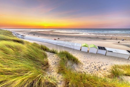 Beach houses on Westkapelle beach seen from the dunes in Zeeland at sunset, Netherlands. Landscape scene of nature in Europe.