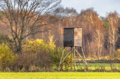 Hunters hide tower in autumn colored rural landscape Poster #665485824