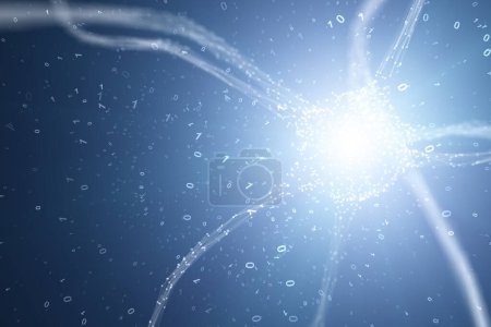 Photo for Shining blue neuron cell in the brain with binary data illustration background. - Royalty Free Image