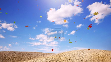 Photo for Sunny sky with clouds and landscape and falling autumn leaves. - Royalty Free Image