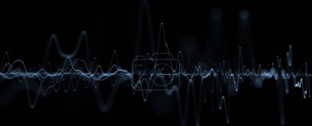 Foto de Ecualizador de música de tecnología digital abstracta oscilación de líneas onduladas detalladas sobre fondo negro. - Imagen libre de derechos