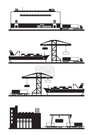 Ilustración de Transportation of cargo container from factory to warehouse  vector illustration - Imagen libre de derechos