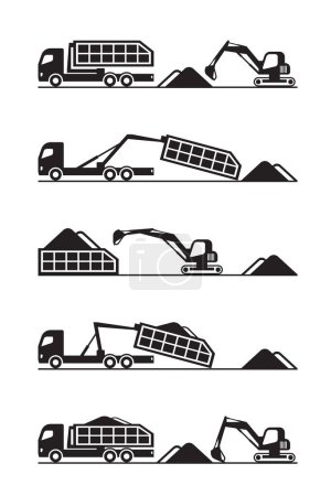 Illustration for Mini excavator loading skip truck  vector illustration - Royalty Free Image