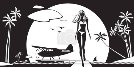 Ilustración de Chica sale de un hidroavión en una isla en el vector marino ilustración - Imagen libre de derechos