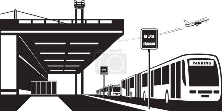 Buses from airport terminal to parking lot- vector illustration