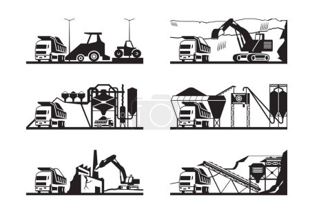 Dump trucks in different industries - vector illustration