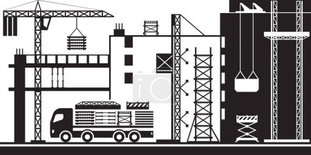 Truck supplies construction site with scaffolding  vector illustration