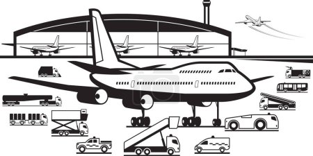 Airport maintenance vehicles around aircraft - vector illustration