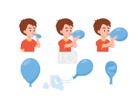 Kleiner Junge bläst Luftballon auf, Gummiballon bläst Prozess - flache Vektordarstellung isoliert auf weißem Hintergrund. Kind spielt mit aufblasbarem Ballon.
