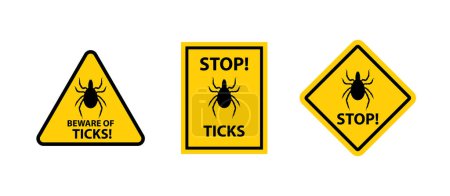 Illustration for Beware of ticks caution signs, flat vector illustration isolated on white background. Set of black mite silhouettes on yellow road signs. Dangerous parasite bites prevention concept. - Royalty Free Image