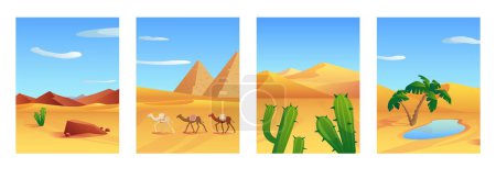 Téléchargez les illustrations : Set d'affiches paysage désert, caravane chameau, cactus, palmier et eau illustration vectorielle plate. Paysages égyptiens avec pyramides, rochers de sable et dunes. - en licence libre de droit