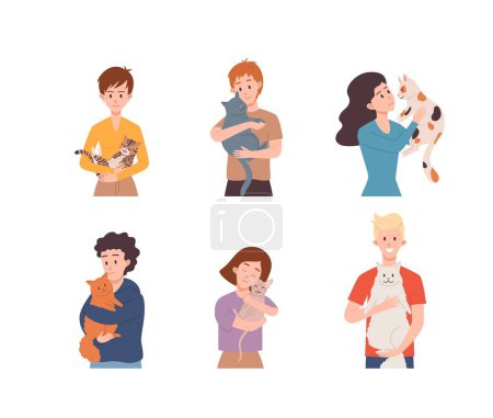 Illustration for Set of people hugging cute cats flat style, vector illustration isolated on white background. Happy owners and pleased pets, friendship and love, expression of emotions - Royalty Free Image