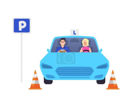 Smiling blonde woman passing parking test flat style, vector illustration isolated on white background. Pleased inspector with tablet in passenger seat, cones, driving school