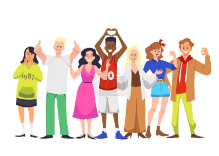 Illustration for Group of diverse people expressing positive emotions, flat vector illustration isolated on white background. People showing thumbs up, hand heart, peace sign, ok sign and clenched fist. - Royalty Free Image