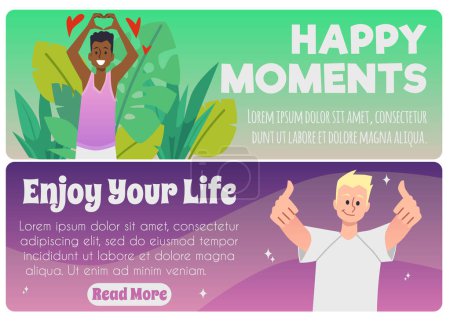 Illustration for Happiness and positive lifestyle banners or flyers collection with people showing positive gestures, flat cartoon vector illustration. Happy moments and positivity. - Royalty Free Image