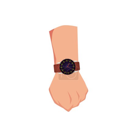 Illustration for Mal hand with mechanical wristwatch, flat vector illustration isolated on white background. Watch with leather band and round dial. Concepts of time management and deadline. - Royalty Free Image