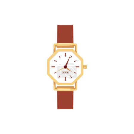 Illustration for Elegant mechanical wristwatch with leather band, flat vector illustration isolated on white background. Hand watch with round dial and arrows showing time. - Royalty Free Image
