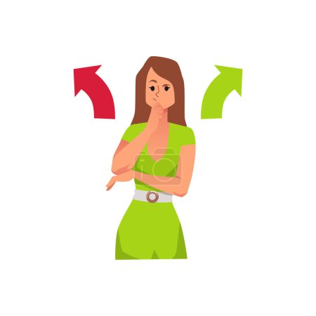 Confused and curious woman choosing between two paths, flat vector illustration isolated on white background. Arrows to the left and to the right. Concepts of life choice and dilemma.