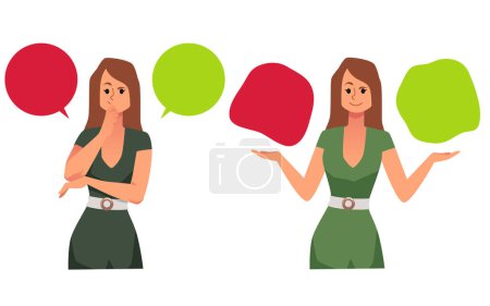 Woman choosing between two options in speech bubbles, flat vector illustration isolated on white background. Confused and thoughtful characters thinking. Concepts of choice and dilemma.